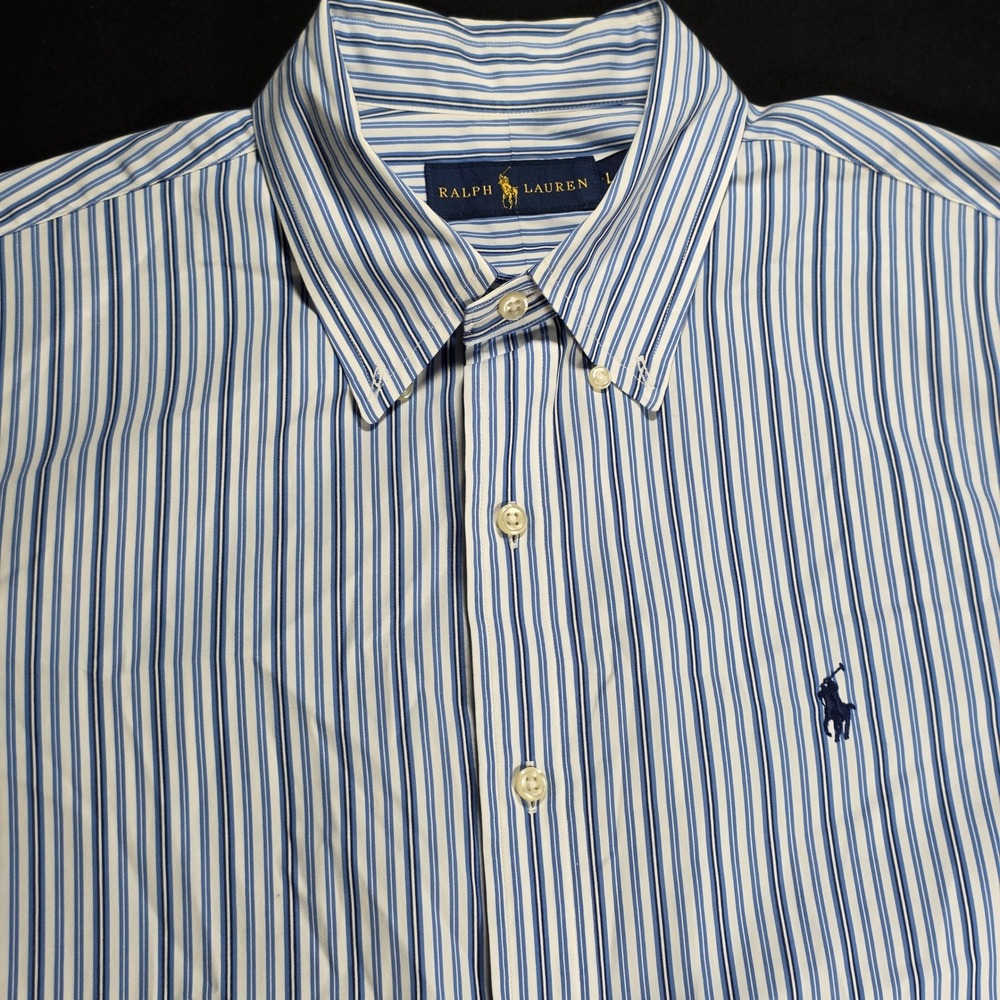 Ralph Lauren Mens Blue White Striped Button Down Shirt Large PO 397143 *read